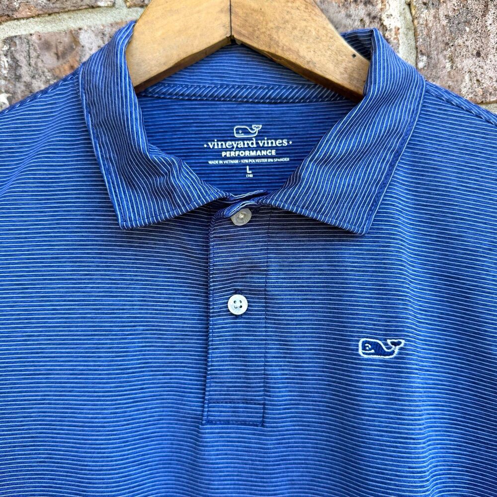 Vineyard Vines Performance Polo Youth L (16) Blue Striped Golf Stretch SS